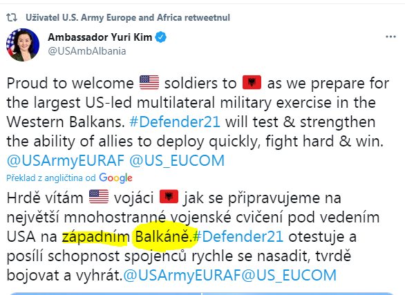 Na obrázku môže byť 1 osoba a text, v ktorom sa píše „t7 Uživatel U.S. Army Europe and Africa retweetnul Ambassador Yuri Kim @USAmbAlbania Proud to welcome soldiers to as we prepare for the largest US-led multilateral military exercise in the Western Balkans. #Defender21 will test & strengthen the ability of allies to deploy quickly, fight hard & win. @USArmyEURAF USEUCOM Preklad z angličtina od Google Hrdè vítám vojáci jak se pripravujeme na nejvétší mnohostranné vojenské cvičeni pod vedením USA na západnim Balkáné. #Defender21 otestuje a posílí schopnost spojencủ rychle se nasadit, tvrde bojovat avyhrát@USArmyEURAF@US_EUCOM a“