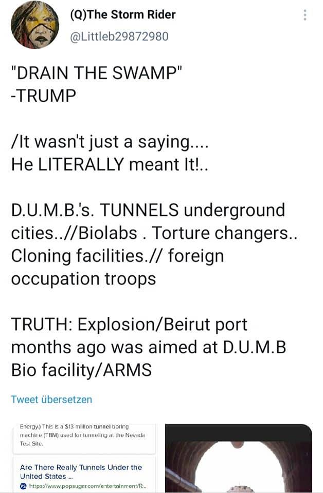 Na obrázku môže byť 1 osoba a text, v ktorom sa píše „(Q)The Storm Rider @Littleb29872980 "DRAIN THE SWAMP" -TRUMP /It wasn't just a saying.... He LITERALLY meant It!.. D.U.M.B.'s. TUNNELS underground ties..//Biolabs Torture changers.. Cloning facilities.// foreign occupation troops TRUTH: Explosion/Beirut Beirut port months ago was aimed at D.U.M.B Bio facility/ facility/ARMS Tweet übersetzen Energy) This as13 million tunnel borirg nachine BM) uวษป ur lunneing Nevacld Test Site. Are There Really Tunnels Under the United States http:/wwpurcovetetoinretf.“