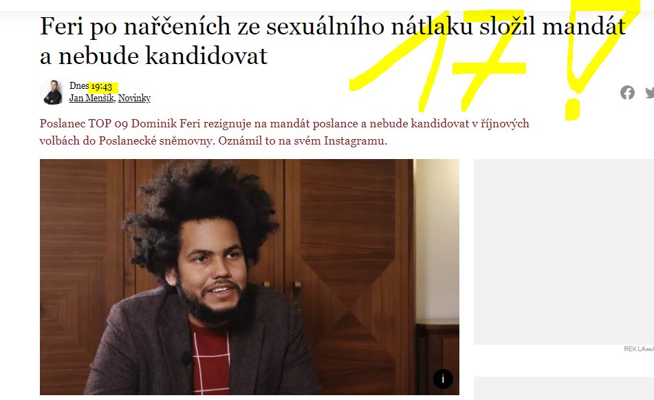 Na obrázku môže byť 1 osoba a text, v ktorom sa píše „Dnes 19:43 JanMenšik, Novinky Feri po narčeních ze sexuálního nátlaku složil 1TV mandát a nebude kandidovat Poslanec TOP 09 Dominik Feri rezignuje na mandát poslance a nebude kandidovat ríjnovych volbách do Poslanecké snemovny. Oznámil to na svém Instagramu. REKLAm“