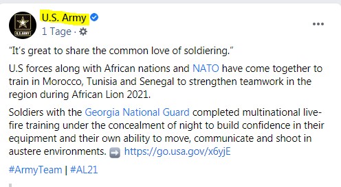 Na obrázku môže byť text, v ktorom sa píše „U.S. Army 1 Tage "It's great to share the common ove of soldiering. U.S forces along with African nations and ΝΑΤΟ have come together to train in Morocco, Tunisia and Senegal to strengthen teamwork in the region during African Lion 2021. Soldiers with the Georgia National Guard completed multinational live- fire training under the concealment of night to build confidence in their equipment and their oWI ability to move, communicate and shoot in austere environments. https://go.usa.gov/xbyjE #ArmyTeam #AL21“