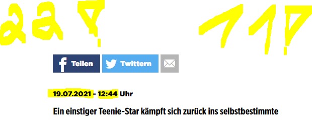 Na obrázku môže byť text, v ktorom sa píše „ਕਕ f Tellen Twittern 19.07.2021 12:44 Uhr 117 Ein einstiger Teenie- Star kämpft sich zurück ins selbstbestimmte“