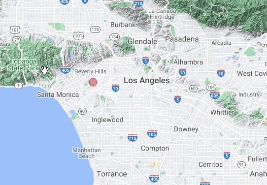 Na obrázku môže byť mapa a text, v ktorom sa píše „405 101 101 210 La Canada Flintridge sas 170 Burbank 134 opanga StatePark Glendale Pasadena 405 Beverly Hills Arcadia Alhambra Santa Monica Los Angeles West Cov 60 164 605 Industry Inglewood Whittier 105 Downey Manhattan Beach 110 Compton Torrance 405 Cerritos Fullert Anah“