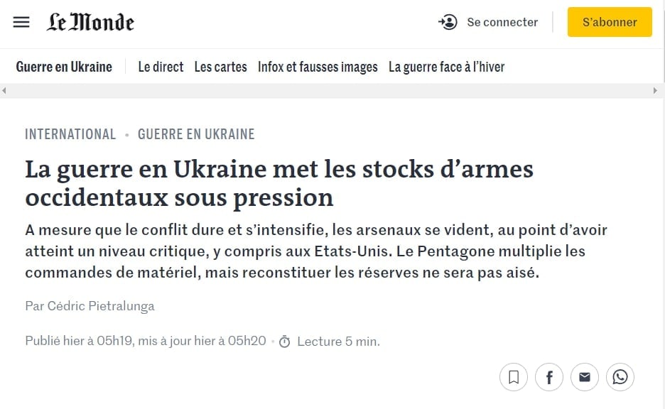 Le Monde: USA a Európe dochádzajú zbrane kvôli pomoci Ukrajine