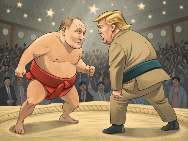 cartoon style illustration of sumo wrestling between Putin and Trump