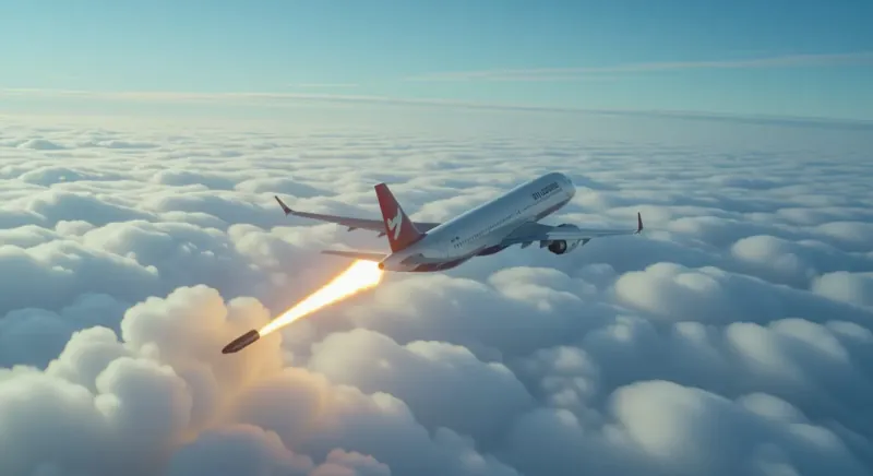Passenger airplane is flying high above white clouds and a small anti-aircraft missile is approaching the back part of the passenger plane. The missile is just about to explode.