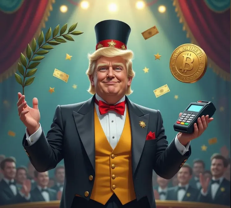 Komická ilustrácia Donalda Trumpa ako v manéži žongluje s 3 vecami: olivová ratolesť, bumerang, platobný terminál