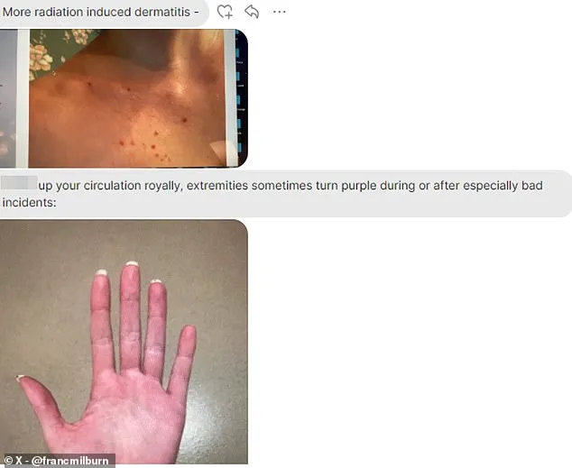 Other images sent by Eskridge revealed strange injuries including discolored and burned hands and bloody skin