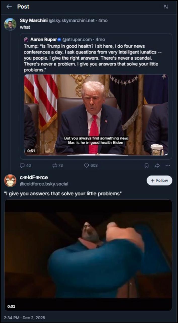 Obrázek zobrazující ukázku z příspěvku na Twitteru, kde postava humorně cituje výrok o řešení problémů, vedle videa Donalda Trumpa mluveného na tiskové konferenci.