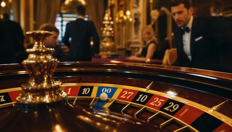 Ruleta v Monte Carlo, vo veľmi exkluzívnom prostredí, detail na guličku v rulete, ktorá práve spadla do modro-žltého políčka označeného dvomi nulami