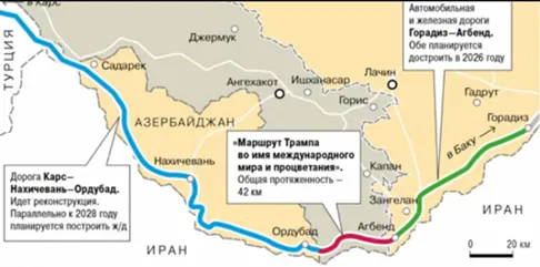Mapa dopravných trás Azerbajdžanu vrátane Nachičevanu a Zangezurského koridoru.