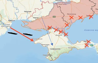 Vojenská mapa južnej Ukrajiny a Krymu, s okupovanými územiami a loďami.