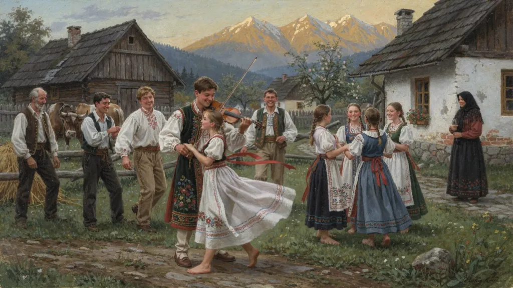 Ľudia v tradičných slovenských krojoch tancujú na dedine pod horami.
