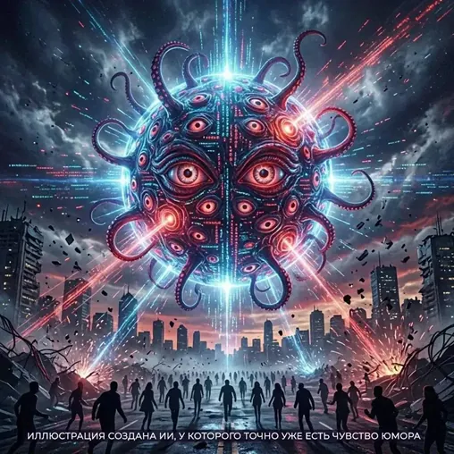 Sci-fi ilustrácia obrovského oka s chápadlami nad apokalyptickým mestom