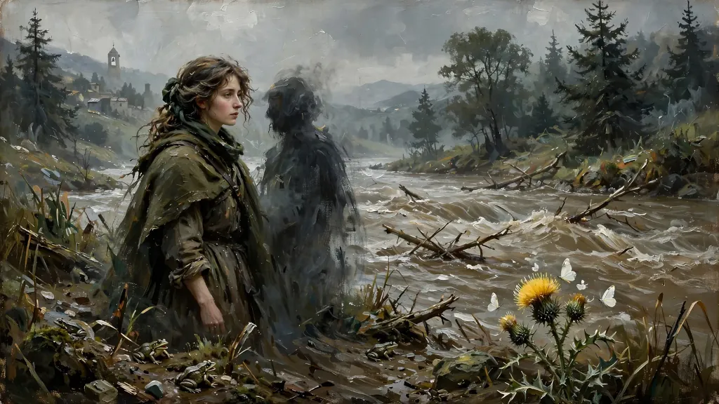 Žena a tajomná tieňová postava pri divokej rieke.