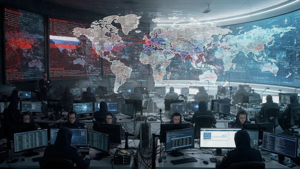 Operátori v modernom riadiacom centre s veľkou digitálnou mapou sveta