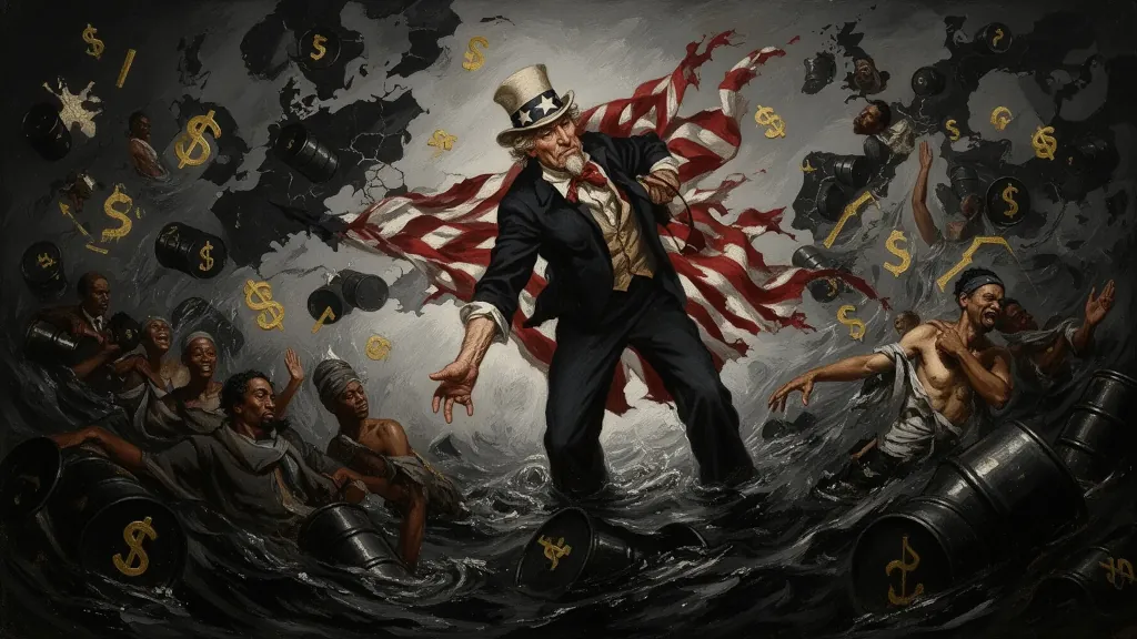 Strýko Sam s americkou vlajkou uprostred ropných sudov a zápasiacich ľudí.