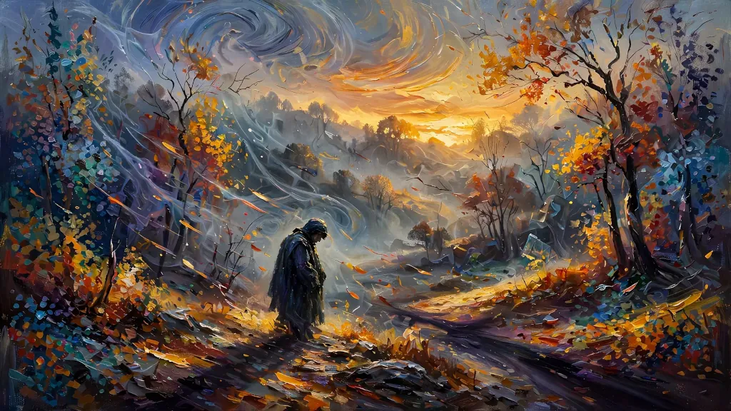 Osamelá postava v plášti kráča jesennou krajinou s vírivou oblohou.