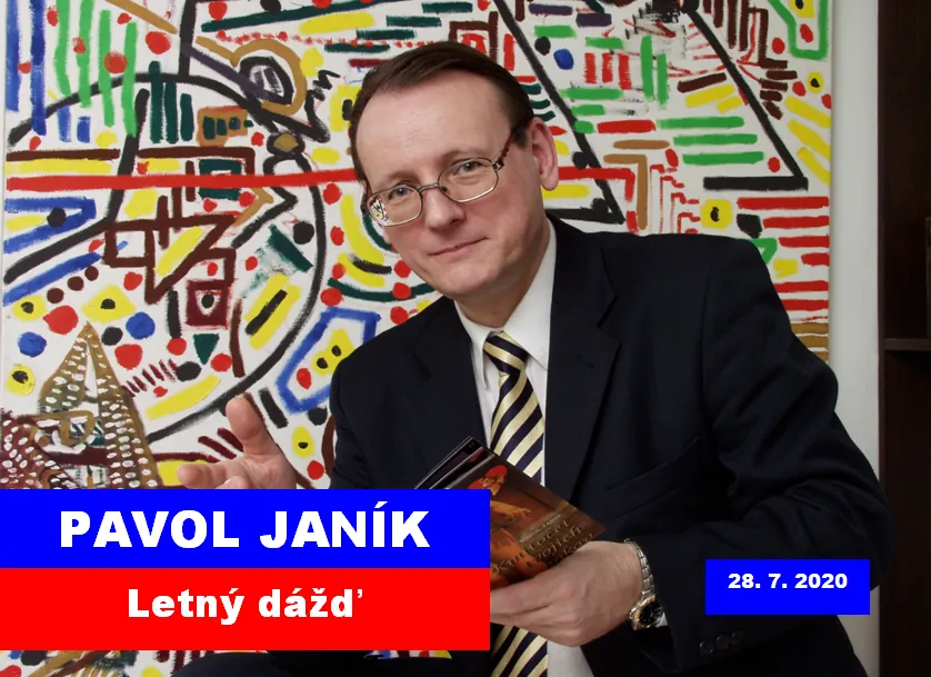 Pavol Janík v obleku drží knihu pred pestrofarebným abstraktným obrazom.