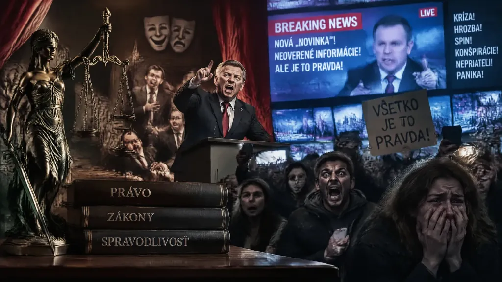Socha Justície, knihy zákonov a rečniaci politik pred rozvášneným davom.