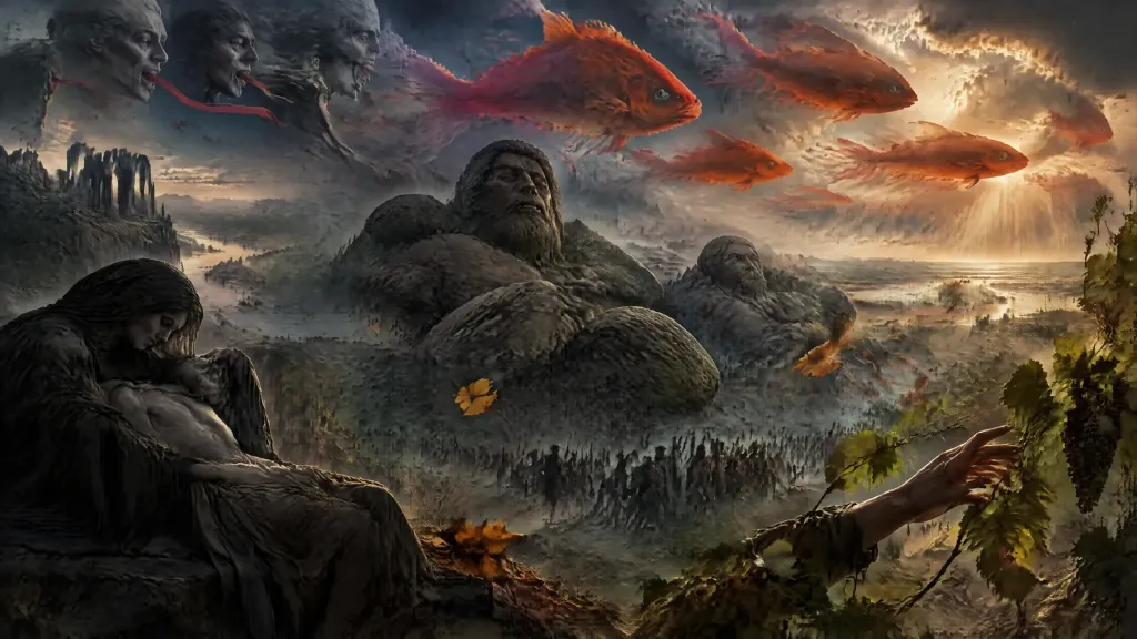 Surrealistická krajina s kamennými obrami a lietajúcimi červenými rybami na oblohe.