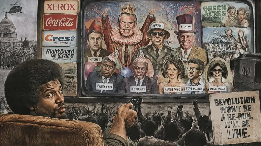 Umelecká ilustrácia muža s afrom sledujúceho televíziu s politickou satirou.