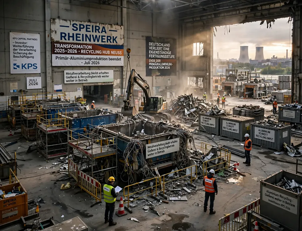 Bager a robotníci v priemyselnej recyklačnej hale Speira Rheinwerk.