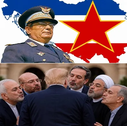 Tito pred juhoslovanskou vlajkou a Donald Trump obklopený politikmi