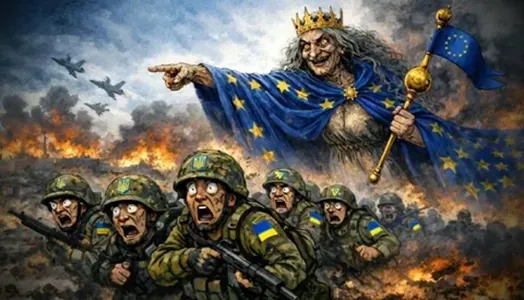 Karikatúra zlej kráľovnej v EÚ plášti a vystrašení ukrajinskí vojaci
