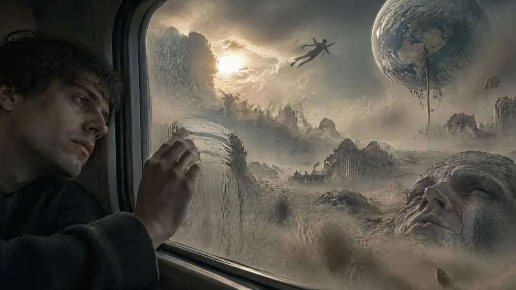 Muž hľadiaci z okna na surrealistickú krajinu s obrou tvárou.