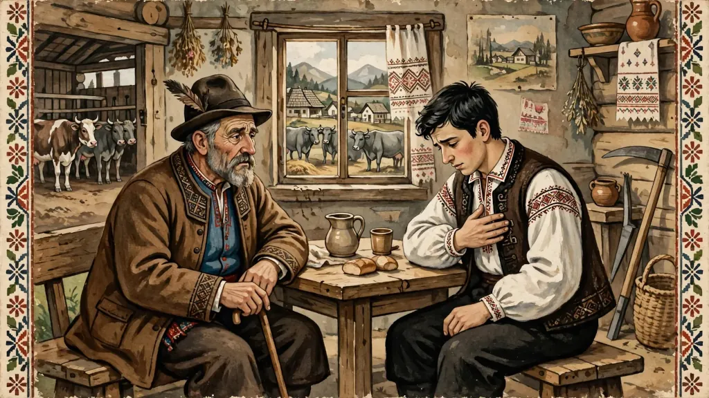 Starý muž a mladík v kroji diskutujú pri stole v drevenici.
