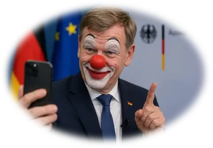 Muž v obleku s klaunským líčením si robí selfie telefónom.