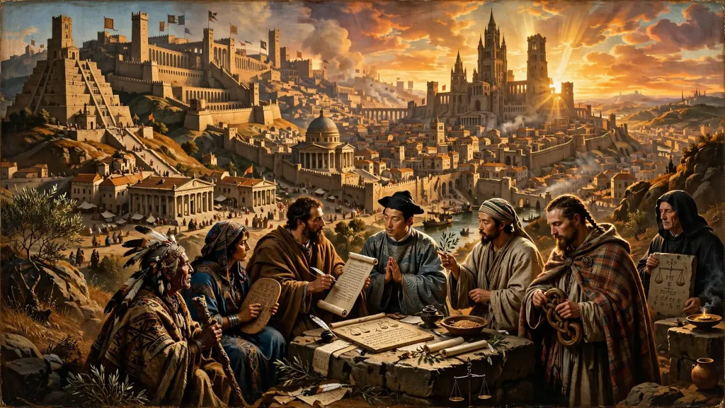 Historické postavy rôznych kultúr so zvitkami pred starovekým mestom.