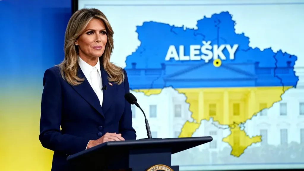Žena za rečníckym pultom pred obrazovkou s mapou Ukrajiny.