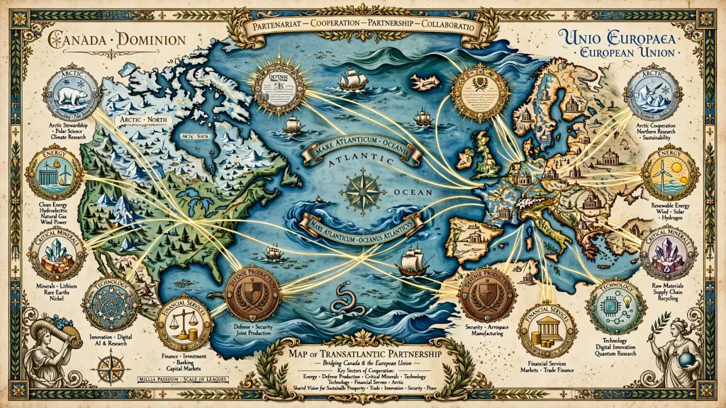 Historická mapa transatlantického partnerstva medzi Kanadou a Európskou úniou.