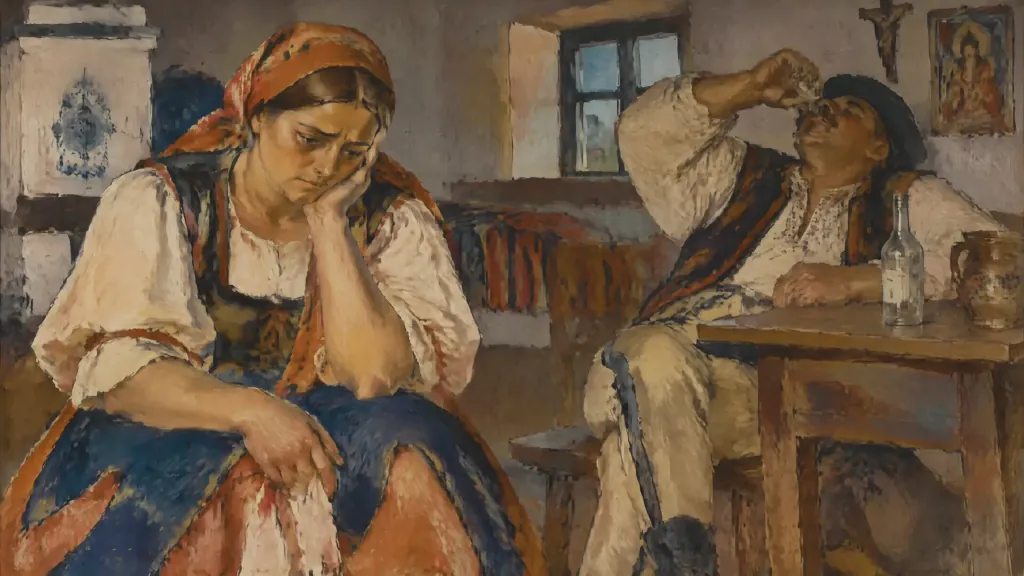 Maľba smutnej ženy v kroji a muža pijúceho za stolom