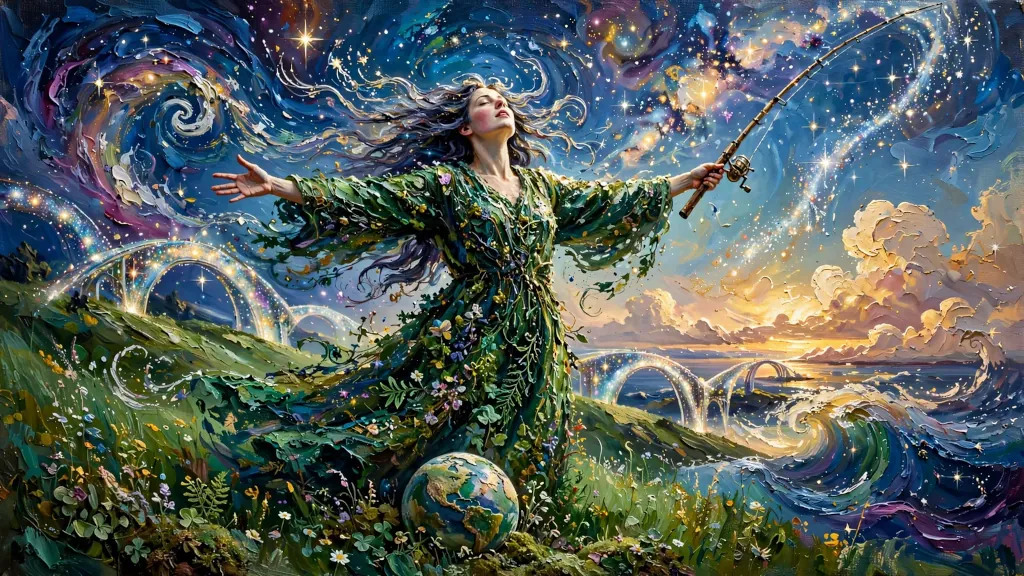 Žena v zelených šatách s glóbusom pod magickou hviezdnou oblohou
