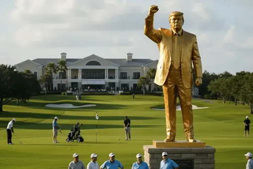 Zlatá socha Donalda Trumpa na golfovom ihrisku s klubovňou v pozadí.