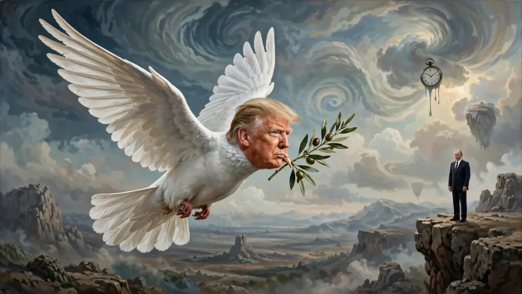 Biela holubica s hlavou Donalda Trumpa nesúca olivovú ratolesť.