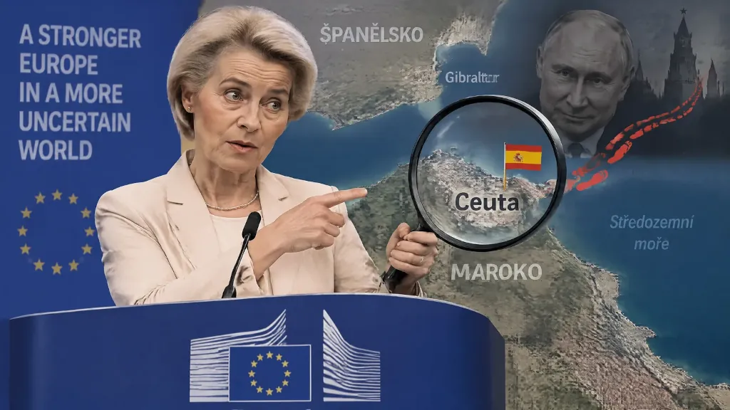 Ursula von der Leyen ukazuje lupou na mapu s mestom Ceuta.