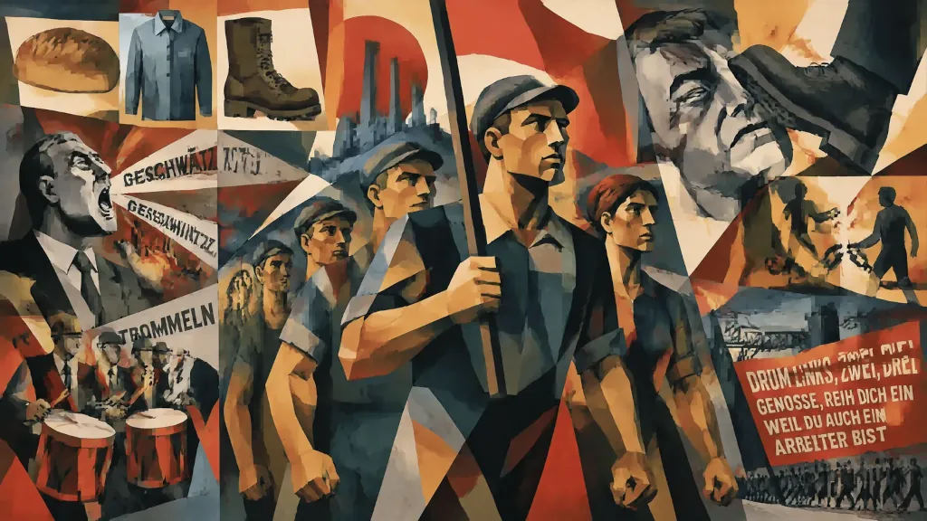Ilustrácia odhodlaných robotníkov na socialistickom propagandistickom plagáte.