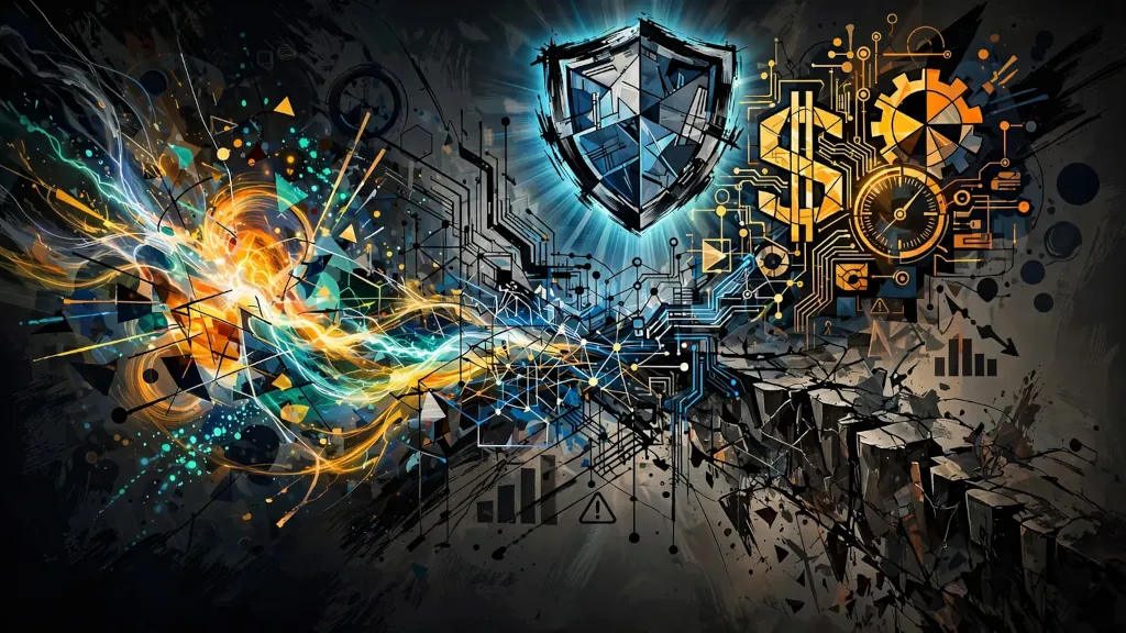Digitálny ochranný štít so symbolom dolára a technologickými obvodmi.