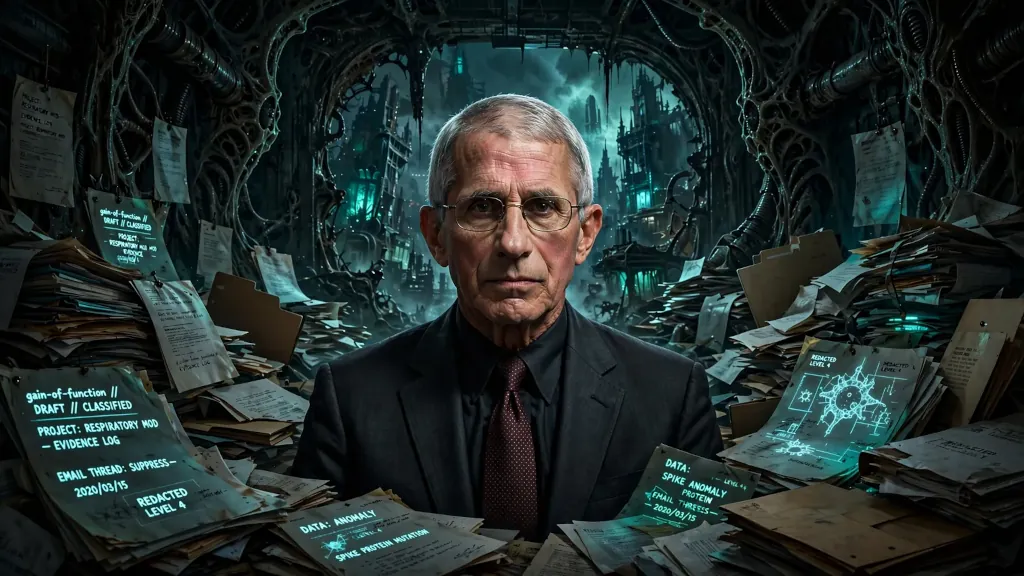 Anthony Fauci v temnom laboratóriu obklopený kopami tajných dokumentov.