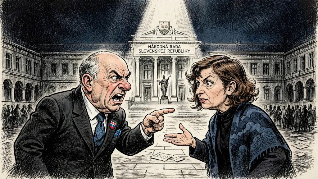 Karikatúra muža ukazujúceho prstom na ženu pred budovou Národnej rady.