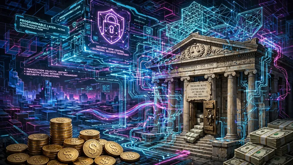 Budova banky, zlaté mince a bankovky prepojené s digitálnou sieťou.