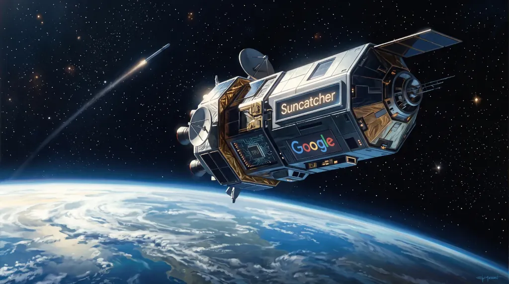 Satelit Google Suncatcher na obežnej dráhe Zeme vo vesmíre.