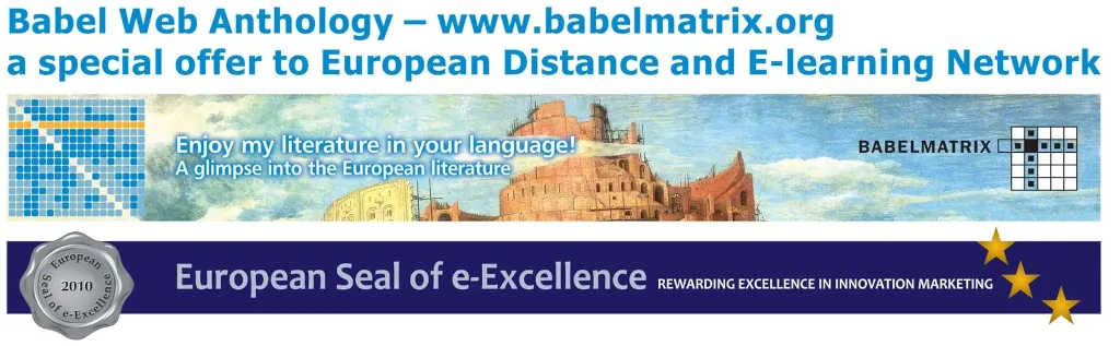 Banner Babel Web Anthology s obrazom Babylonskej veže a pečaťou e-Excellence.