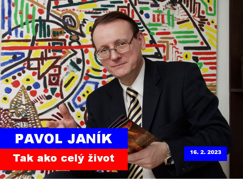 Portrét Pavla Janíka s knihou pred farebným abstraktným obrazom.