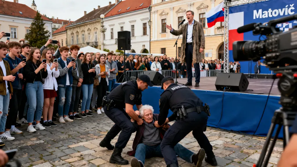Policajti zadržiavajú staršieho muža na zemi počas mítingu Igora Matoviča.