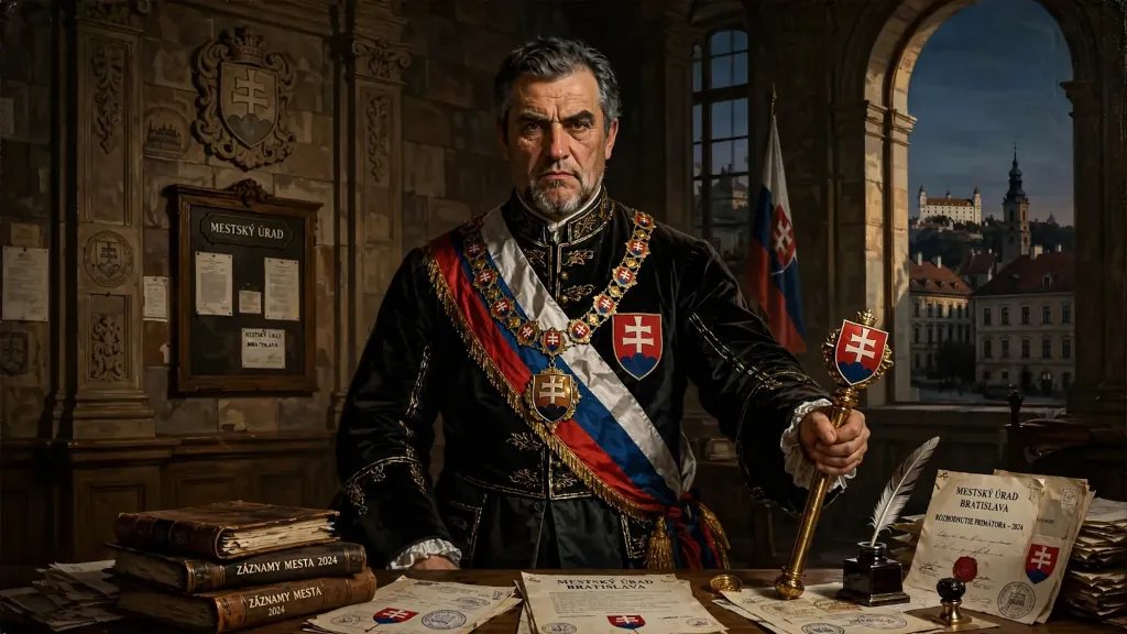 Primátor v slávnostnom historickom odeve so žezlom za pracovným stolom.