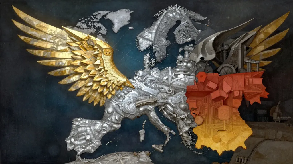 Umelecká mapa Európy v podobe mechanickej okrídlenej bytosti so zlatým krídlom
